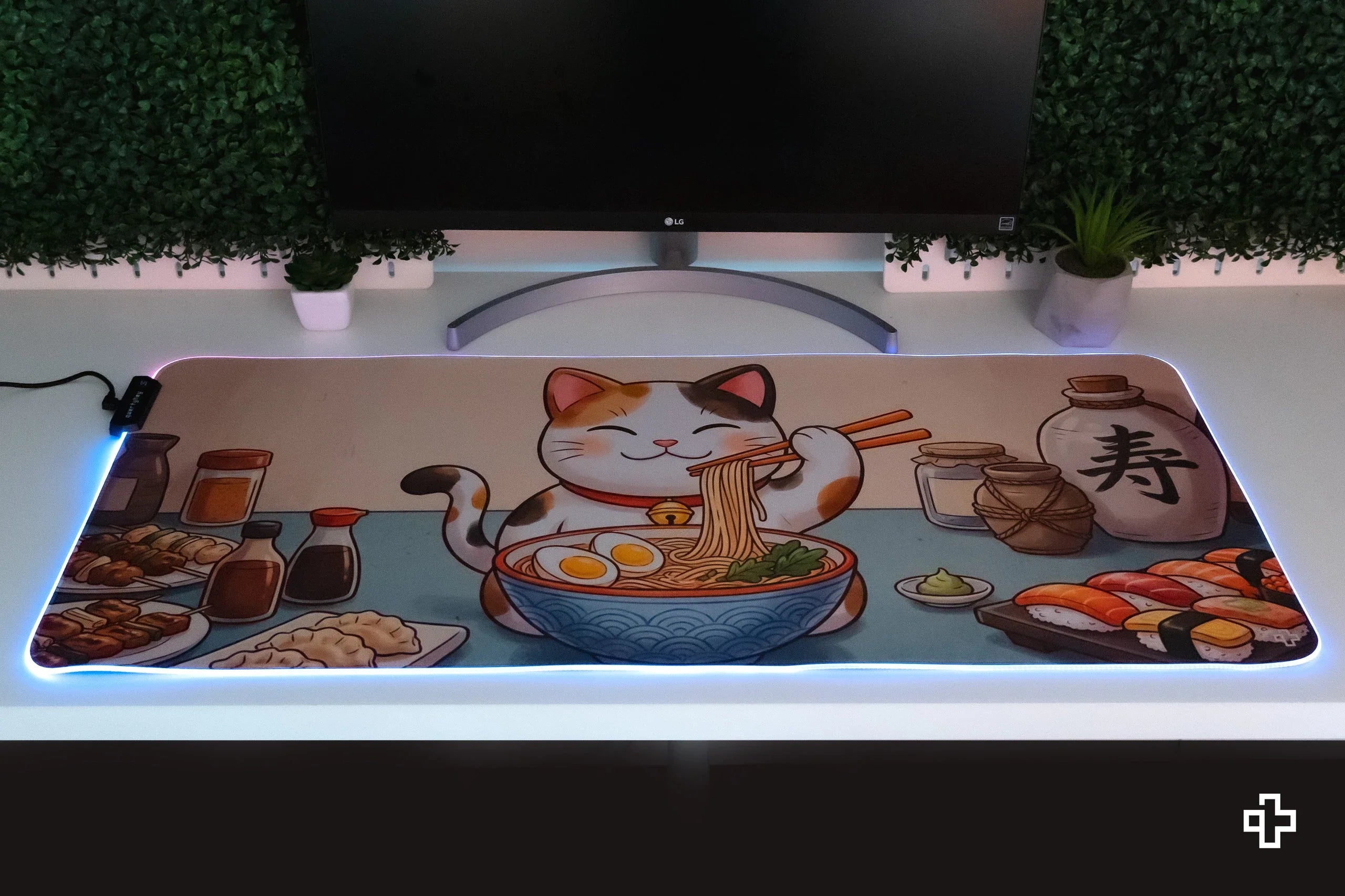 Deskmat / podkładka pod mysz Lucky Neko Ramen RGB, 4 mm, obszyte krawędzie