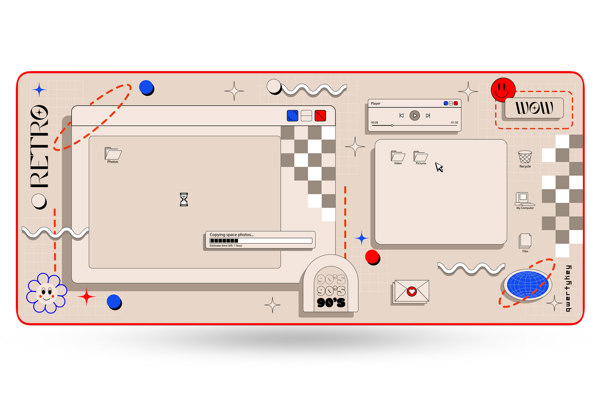 Deskmat gamingowy QwertyKey Retro, wodoodporny, obszyte krawędzie, 4 mm, antypoślizgowy gumowy spód