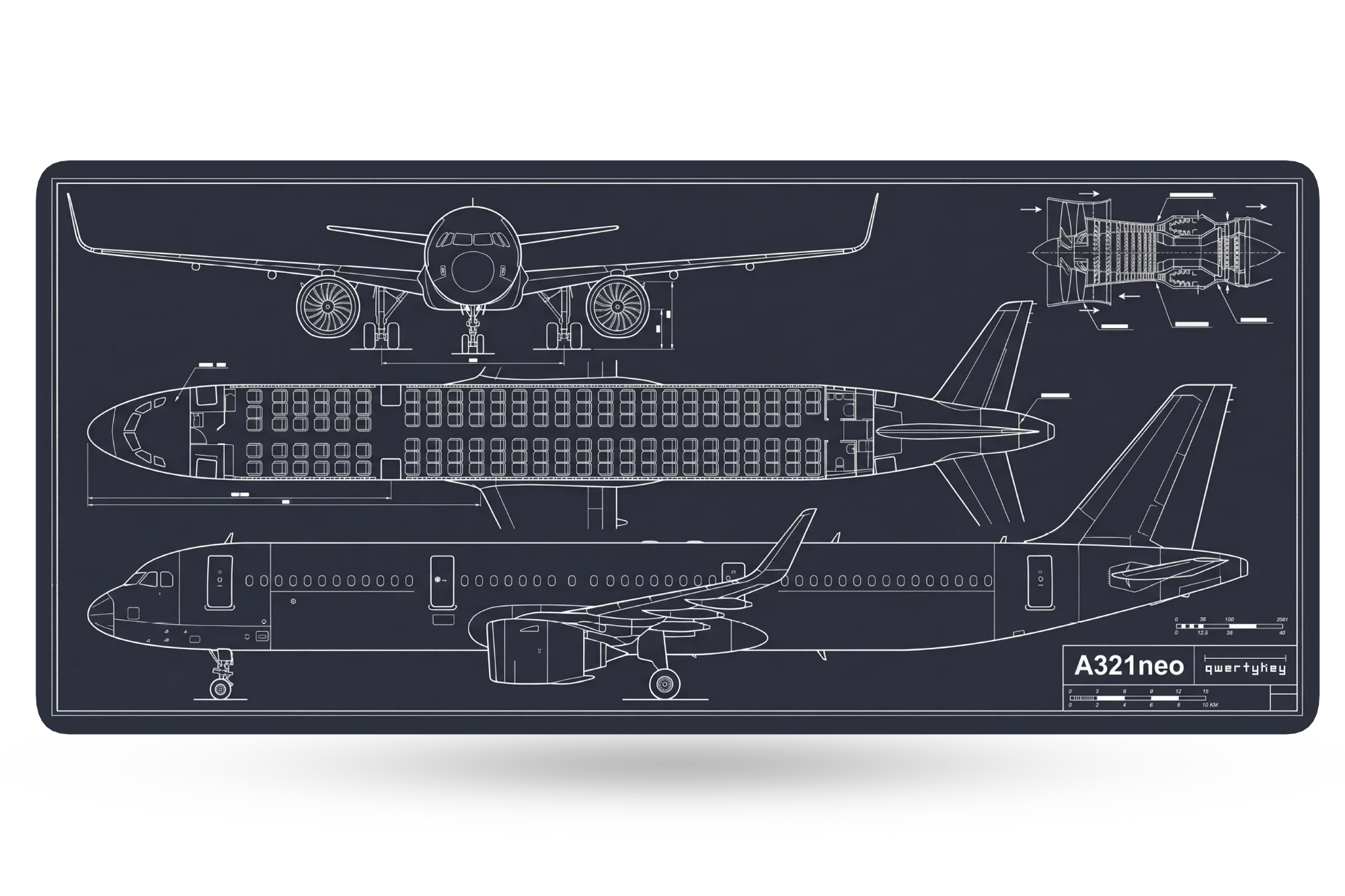 Deskmat / podkładka pod mysz Plane Blueprint, 4 mm, obszyte krawędzie