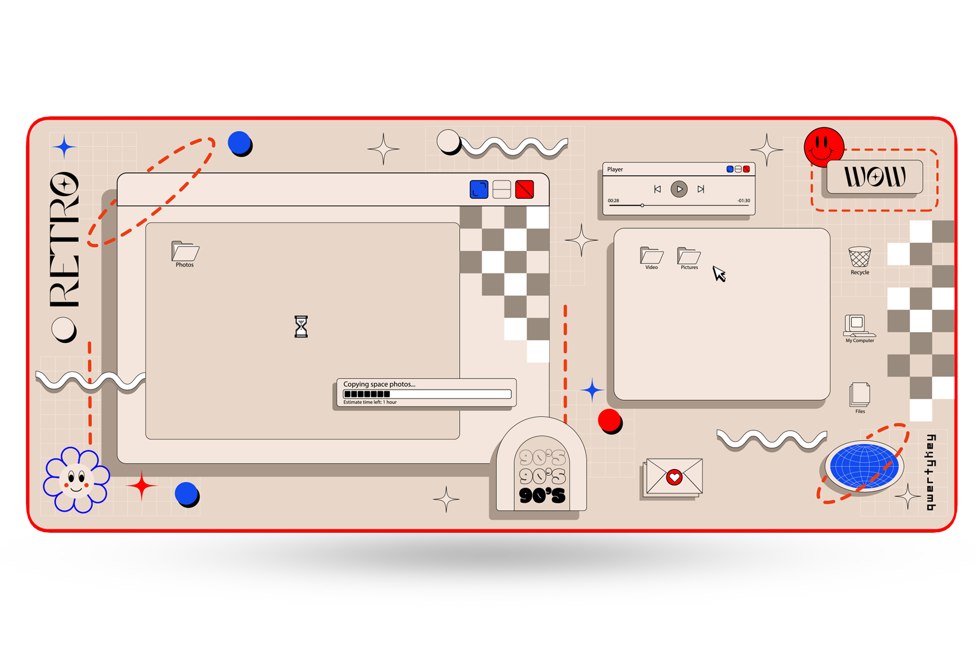 Deskmat gamingowy QwertyKey Retro, wodoodporny, obszyte krawędzie, 4 mm, antypoślizgowy gumowy spód